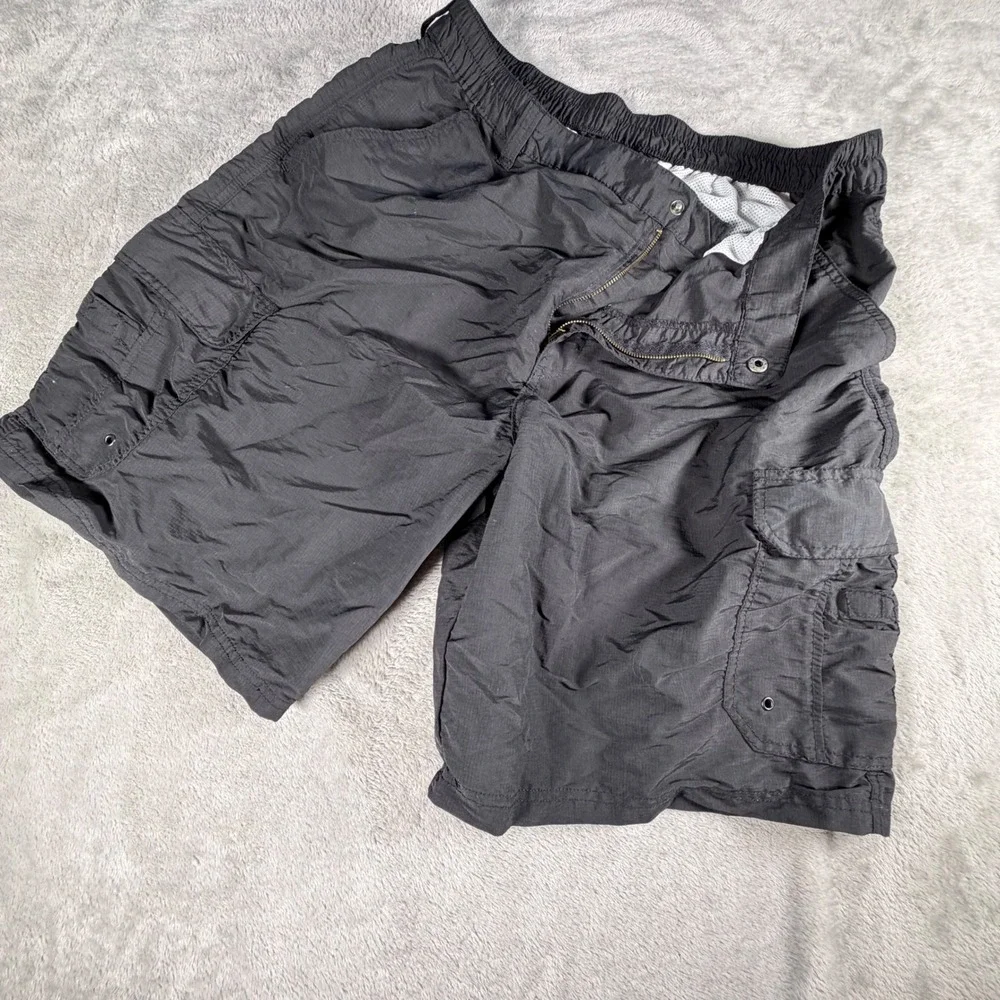 Basic Editions Mens Black Nylon Cargo Swim Trunks Mesh Lined Size Large 3014